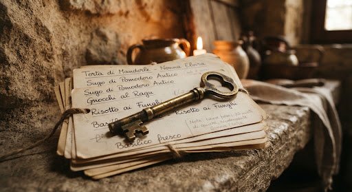 Handwritten recipe cards on a stone shelf